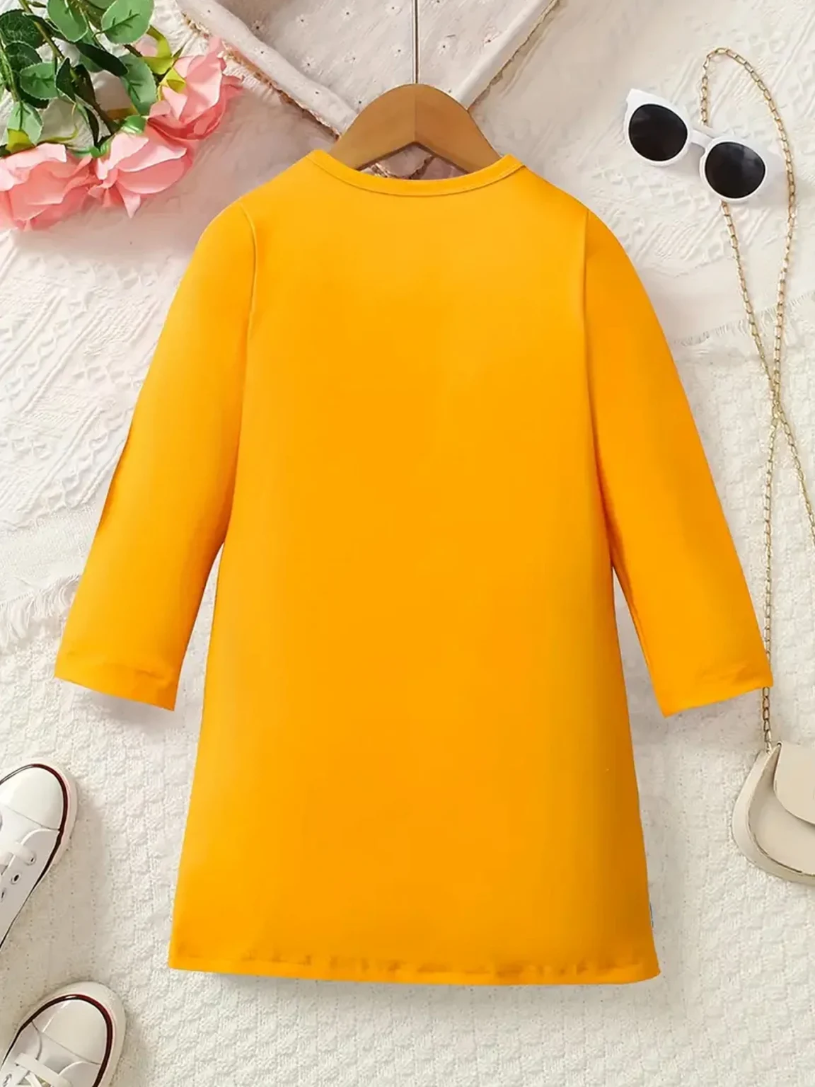 Cute Bee Print Suspender Spliced Dress For Girls, Round Neck Long Sleeve Casual Dress 2