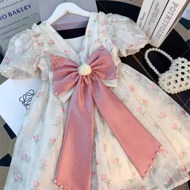 2 3 4 5 6 8 Years Girls Princess Dress Summer New Full Print Flowers Puff Sleeve Bow Mesh DresseTutu Birthday Party Gown 1