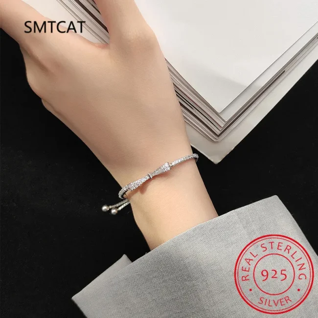 Real 925 Sterling Silver Bowknot Bracelet for Women Shiny Zircon Tennis Hard Bracelet Homme Wedding Party Jewelry Gifts 4