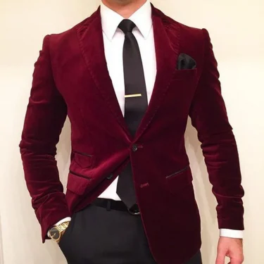 Men's Burgundy Velvet Blazer Two Buttons Peak Lapel Coat Business Dinner Prom Jacket Only One Coat 2