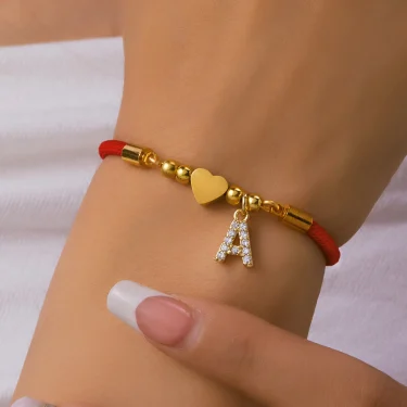 Stainless Steel Gold Color A-Z Heart Initial Letter Bracelet for Women Lucky Red Adjustable Rope Bracelet Charm Jewelry Gift 3