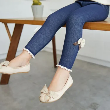 New Autumn Winter Girls Jean Pants Warm Children Leggings Thicken Velvet Bowknot Kids Trousers Baby Girl Pants Icing Leggings 4