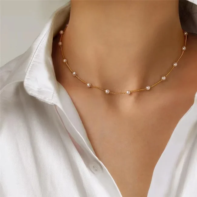 LATS Simple Pearl Choker Necklaces for Women Fashion Double Layer Chain Small Love Heart Pendant Necklace Jewelry Gift Wholesale 3