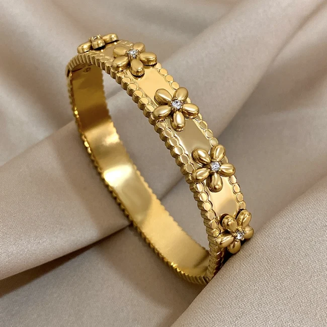 Stainless Steel Bubble Flower Bracelet with Rhinestones for Women Cuff Bangles Waterproof Stackable Party Jewelry Accessories 2