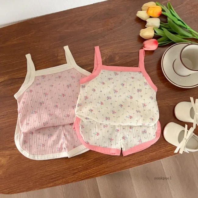 Baby Clothes Sets Summer Toddler Girl Strap Suits Cotton Printing Tops +Shorts Infant Tracksuit Newborn Sets 2