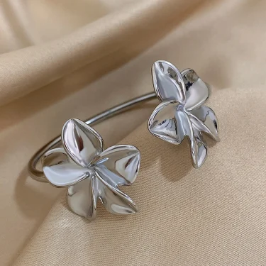 Greatera Stainless Steel Double Flower Cuff Bracelet Bangle for Women Gold Color Metal Floral Bracelets Waterproof Party Jewelry 5