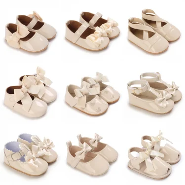 Newborn Apricot Soft and Sweet Princess Shoes for 0-1 Year Old Girl with Bow and Adhesive Sole Outdoor Anti slip Walking Shoes 1