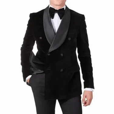 Men's Double Breasted Blazer for Wedding Black Velvet Coat Shawl Lapel Jacket for Business Dinner 1