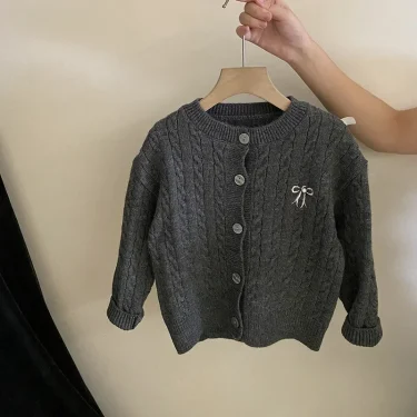 Sweaters Girl Bow Knitting Cardigan Loose Coat Autumn New Fashion Pleated Skirt 2024 Childrens Clothing Sweet Striped 4