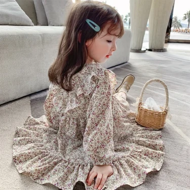 2025 Spring Autumn Girls Dress Floral Korean Long Sleeve Children Girls Dress Ruffle Cotton Baby Girls Princess Dress 1