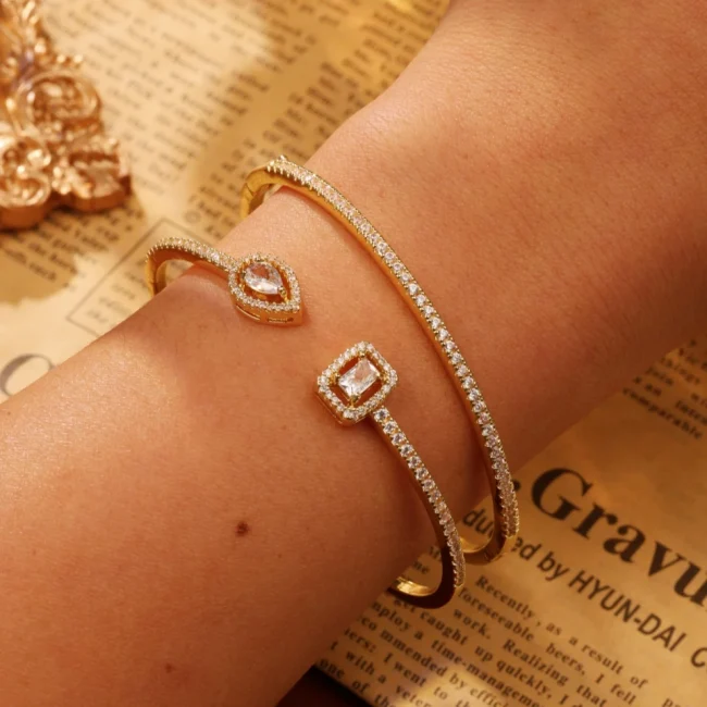 RAKOL Fashion Cubic Zirconia Square Water Drop Geometric Cuff Bangles Bracelet for Women Luxury Gold Color Wedding Party Jewelry 3