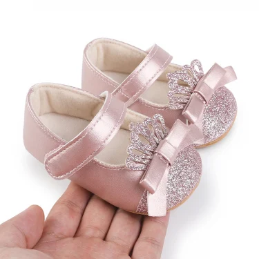 MISOWMNJOY Sequin Baby Girls Shoes Princess Newborn Mary Jane Flats Glitter Crown Bow Dress Shoes Non-Slip Newborn Crib Shoes 1