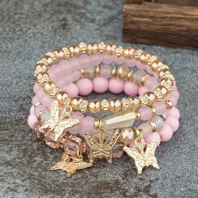 4Pcs Bohemia Butterfly Charm Bracelet Set For Women Acrylic Beads Elastic Chain Bangle Men Wristband Fashion Party Jewelry Gift 5
