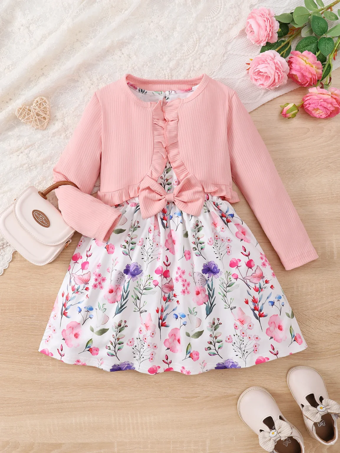 4-7 Years Kids Girls 2PCS Dress Set Solid Knitted Overcoat+Floral Sleeveless Dress with Belt Photography Style Princess Clothing 1