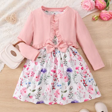 4-7 Years Kids Girls 2PCS Dress Set Solid Knitted Overcoat+Floral Sleeveless Dress with Belt Photography Style Princess Clothing 1