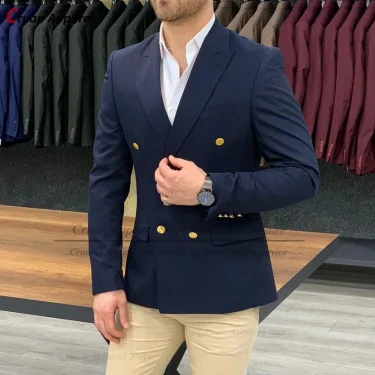 (One Blazer) Navy Blue Mens Wedding Blazer Gentleman Suit Jacket Gold Buttons Casual Slim fit Double Breasted Business Male Coat 1