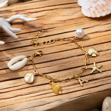 Catuni Summer Beach Initials Charm Astness Bracelet Trendy Starfish Conch Shell Pendants Hand Chain Jewelry Gift for Women 4