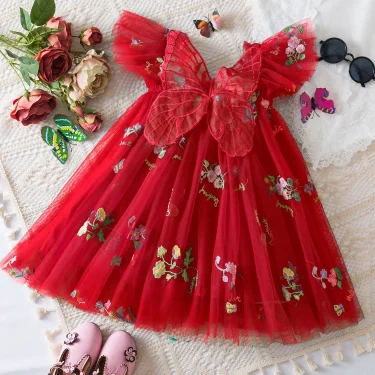 Toddler Baby Girls Party Dresses Back Butterfly Fairy Clothes Kids Lace Embroidery Mesh Tutu Infant Birthday Christmas Dresses 5
