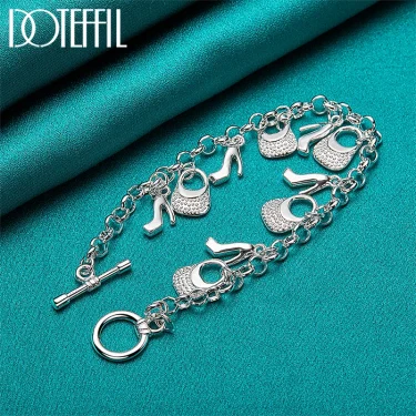 DOTEFFIL 925 Sterling Silver High Heels Bag Pendant Bracelets Chain For Women Charm Wedding Engagement Jewelry 2