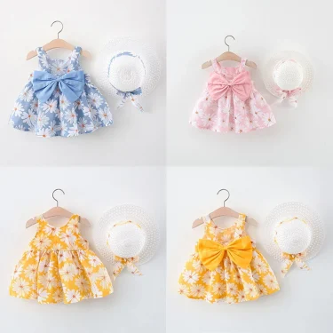 Summer New Floral Beach Party Baby Girl Dress, Sweet Bow Children'S Clothing With Free Hat（9 Months - 3 Years Old） 1