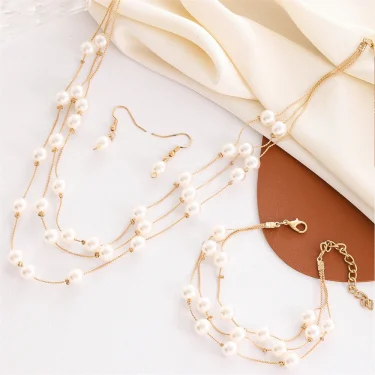 Korean Fashion Multilayer Imitation Pearl Necklace Bracelet Earring Women Temperament Clavicle Chain Jewelry Set Girl Lucky Gift 3