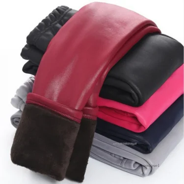 New Baby Girls Leggings Winter Kids Thick Velvet Leggings Pencil Pants Children Warm Trousers Faux PU Leather Legging Slim Pant 1