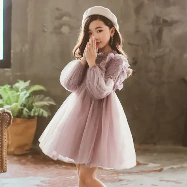 Spring Autumn Kids Girls Dresses Lantern Sleeve Lace Princess Dress Pearl Sweet O-neck Mesh Party Children's Clothing Vestidos 2
