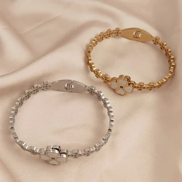 New four leaf clover white shell stainless steel gold plated bracelet, high quality waterproof silver bracelet, wedding jewelry 4