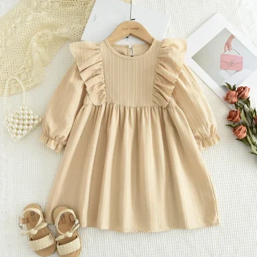 Plain Casual Girls Dress Autumn Long Sleeved Pleated Kids Dresses for Girls Pink Clothes Fashionable New Children's Clothing 5