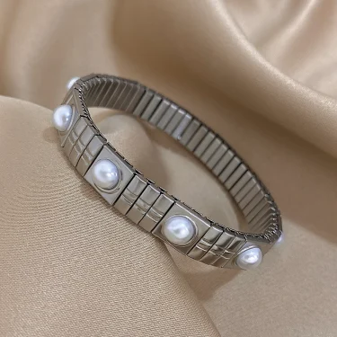 Imitation Pearls Elasticity Bracelets Stainless Steel Elastic Scalable Bangles for Women Cuff Wristband Waterproof Jewelry 5
