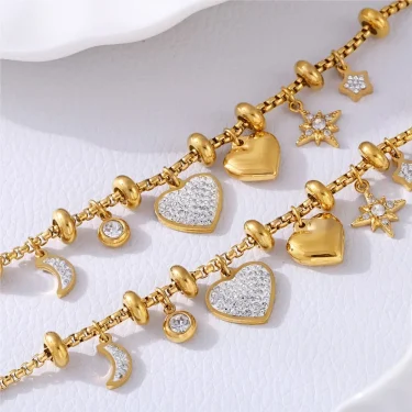 316L Stainless Steel Heart Charm Bracelets For Women 18k Gold Plated Various Pendants With Shining Zircon Women's Hand Bracelet 3