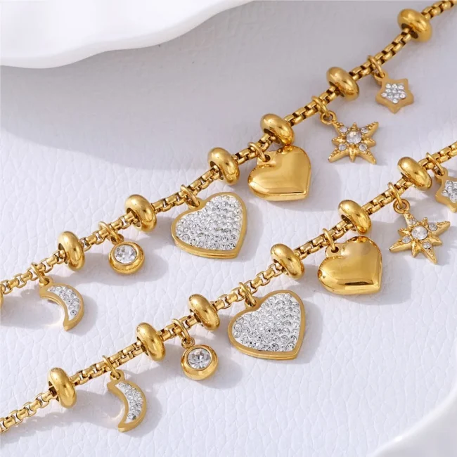 316L Stainless Steel Heart Charm Bracelets For Women 18k Gold Plated Various Pendants With Shining Zircon Women's Hand Bracelet 3