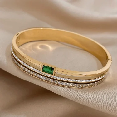 Luxury Stainless Steel Cuff Bracelet For Women Mens Gold Silver Color Couple Bracelets Green White Rhinestone Wide Bangle Gift 5