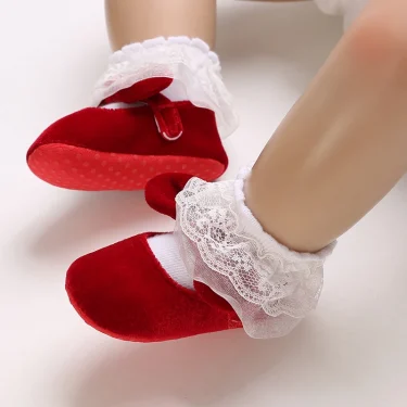 Newborn Infant Baby Girls Shoes Velvet Red Christmas 0-18M Princess Girl Baby Shoes Bow First Walkers 1