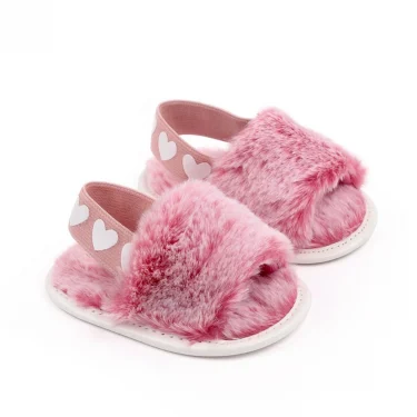 Jlong Autumn Plush Slide Sandal Baby Girls Heart Soft Sole Sandals Infant Toddler Princess Non-slip Crib Shoes 0-18 Months 6