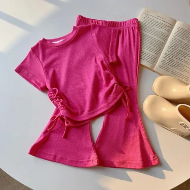 2-8 Years Old Solid Color Fashionable Casual Girl Drawstring Short Sleeved+Flared Pants Two-Piece Set Children Sets Summer 5