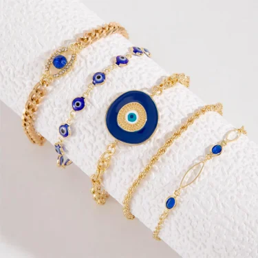 Tocona 5pcs/set Vintage Versatile Blue Rhinestone Bracelets for Women Faswhion Blue Eye Beaded Alloy Bangles Jewelry 25977 3