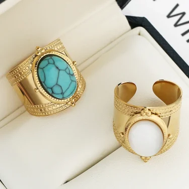Bohemia Turquoise Natural Stone Wide Open Rings for Women 14K Gold Plated Stainless Steel Ring Finger Rings Women Jewelry Gifts 2