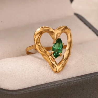 Green Cubic Zircon Heart Rings For Women Vintage Gold Color Stainless Steel Open Ring Fashion Aesthetic Jewelry Wedding Gift 2