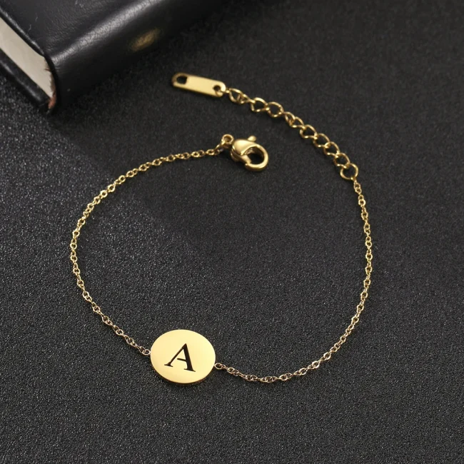 Hollow Alphabet A-Z Round Pendant Bracelets Stainless Steel Bracelets for Men Women Trend Jewelry for Party Gift (17+5CM) 1