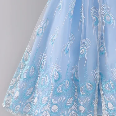 Blue Feather Sequined Hooded Mesh Dress Princess Suit For Girls Cute Holiday Performance Dress Prom Suit Carnival Party Gift 4
