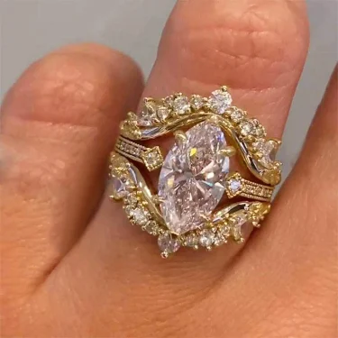 Huitan Gorgeous Marquise Cut Ring for Women 3Pc/Set Elegant Accessories Female Luxury Finger Jewelry for Wedding Ceremony Party 4