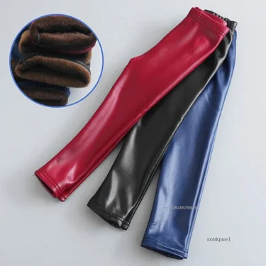 New Baby Girls Leggings Winter Kids Thick Velvet Leggings Pencil Pants Children Warm Trousers Faux PU Leather Legging Slim Pant 4