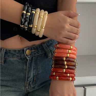 KMVEXO Vintage Acrylic Bamboo Beads Bracelet for Women Multi Color Stretchy Resin Girls Charm Couple Bangles Gift Men Jewelry 2