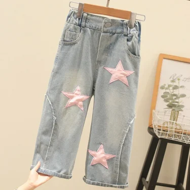 Summer New Girls Clothing Set Cartoon T-shirt+Star Pattern Wide Leg Jeans 2Pcs Suit For 3-8 Years Kids Fashion Suit 5