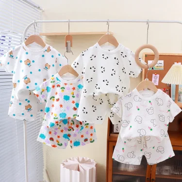 New Summer Kids Clothes for Girls Short Sleeve T-shirt Tops+shorts Cartoon Children's Clothing Baby Boys Set 1