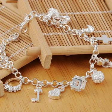 925 Sterling Silver Fashion 13pcs Pendant Chain Charm Bracelet for Women for Teen Girls Lady Gift Women Fine Jewelry 2