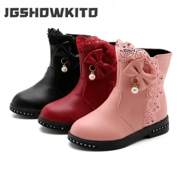 Girls Princess Boots Kids Ankle Boots Lace with Bow-knot Sweet Warm Cotton Children Rubber Boots Fur Lining Snow Boots Shoes New 2