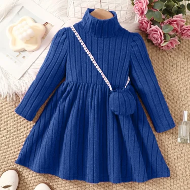Girls' dress with soft texture fabric, high neck dress, small bag accessories, long sleeved dress, worn by 4-7 years old 2