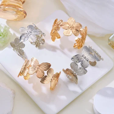 Elegant Big Metal Flowers Cuff Bangle for Women Girls Sweet Gold Color Butterfly Bracelets Aesthetic Party Jewelry Accessories 4